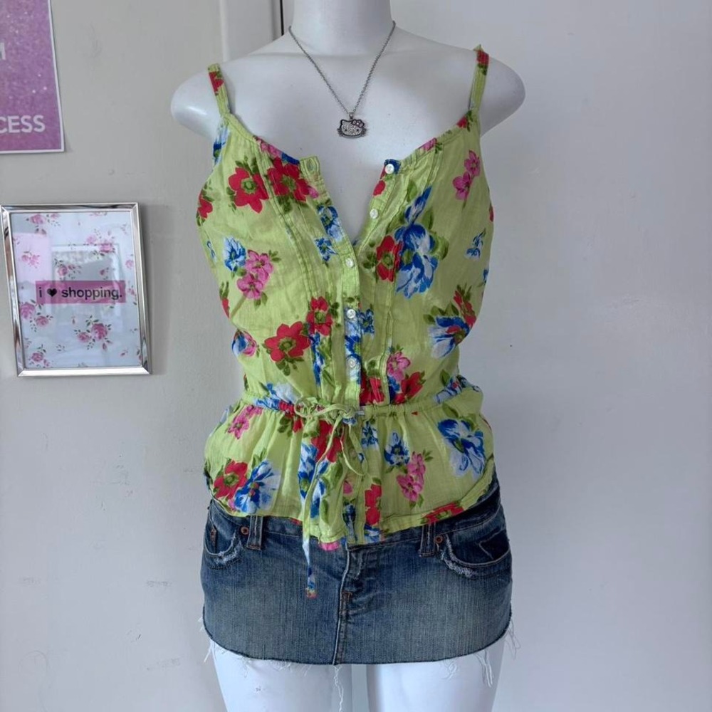 Rare Y2K Abercrombie & Fitch Floral Tank Top – Lime Green Babydoll Style - Picture 6 of 7